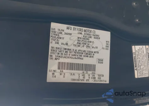 2005 Ford Explorer Xlt/Xlt Sport из США, поврежденный, VIN 1FMZU63K95UA49964